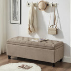 Banc de rangement capitonné en tissu de lin avec pieds fuselés en bois
