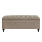 Banc de rangement capitonné en tissu de lin avec pieds fuselés en bois