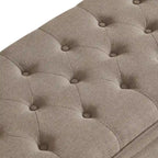Banc de rangement capitonné en tissu de lin avec pieds fuselés en bois