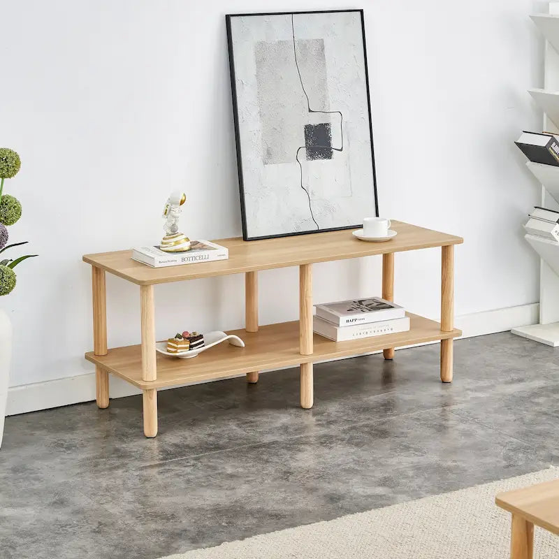 Meuble TV moderne à 2 niveaux avec étagère de rangement ouverte et pieds en bois d'hévéa