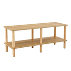 Meuble TV moderne à 2 niveaux avec étagère de rangement ouverte et pieds en bois d'hévéa