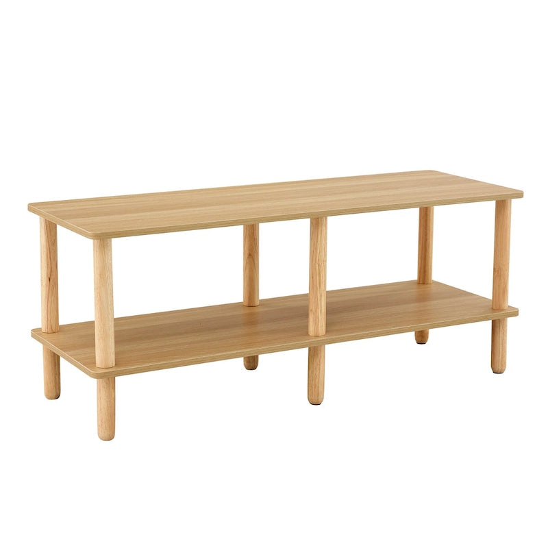 Meuble TV moderne à 2 niveaux avec étagère de rangement ouverte et pieds en bois d'hévéa