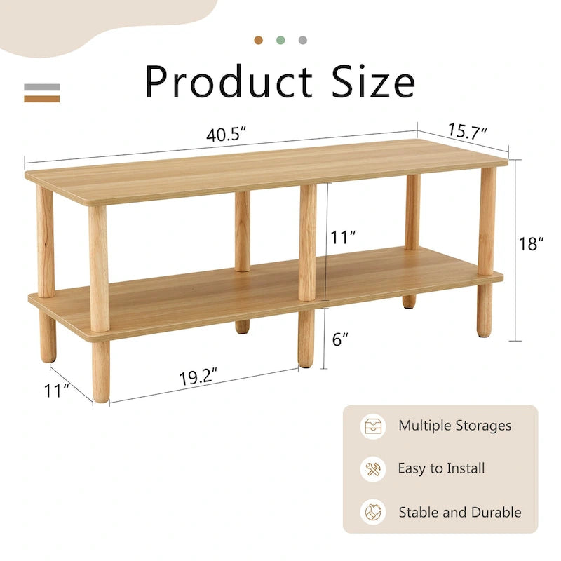 Meuble TV moderne à 2 niveaux avec étagère de rangement ouverte et pieds en bois d'hévéa