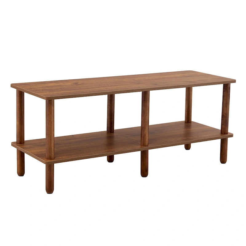 Meuble TV moderne à 2 niveaux avec étagère de rangement ouverte et pieds en bois d'hévéa