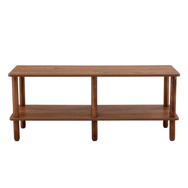 Meuble TV moderne à 2 niveaux avec étagère de rangement ouverte et pieds en bois d'hévéa
