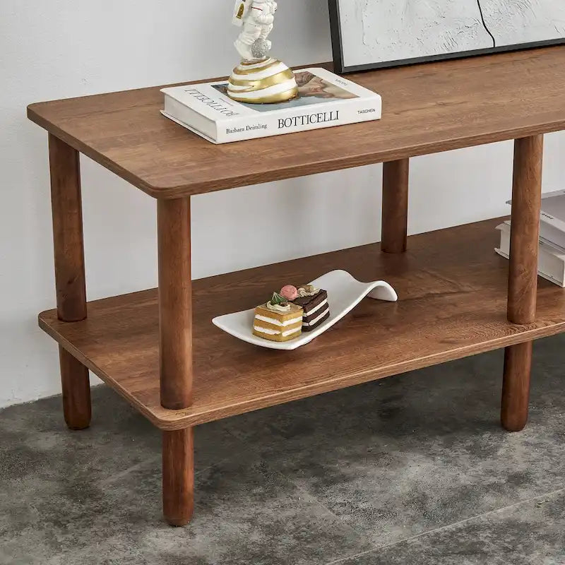 Meuble TV moderne à 2 niveaux avec étagère de rangement ouverte et pieds en bois d'hévéa