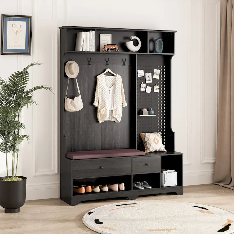 Portemanteau d'entrée multifonctionnel avec banc rembourré en lin amovible, patère, étagères de rangement et panneau perforé DIY