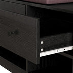Portemanteau d'entrée multifonctionnel avec banc rembourré en lin amovible, patère, étagères de rangement et panneau perforé DIY