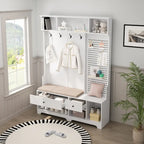 Portemanteau d'entrée multifonctionnel avec banc rembourré en lin amovible, patère, étagères de rangement et panneau perforé DIY