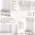 Portemanteau d'entrée multifonctionnel avec banc rembourré en lin amovible, patère, étagères de rangement et panneau perforé DIY
