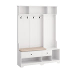 Portemanteau d'entrée multifonctionnel avec banc rembourré en lin amovible, patère, étagères de rangement et panneau perforé DIY