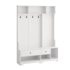 Portemanteau d'entrée multifonctionnel avec banc rembourré en lin amovible, patère, étagères de rangement et panneau perforé DIY