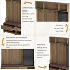 Portemanteau d'entrée multifonctionnel avec banc rembourré en lin amovible, patère, étagères de rangement et panneau perforé DIY