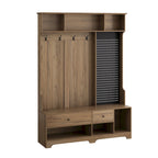 Portemanteau d'entrée multifonctionnel avec banc rembourré en lin amovible, patère, étagères de rangement et panneau perforé DIY