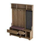 Portemanteau d'entrée multifonctionnel avec banc rembourré en lin amovible, patère, étagères de rangement et panneau perforé DIY