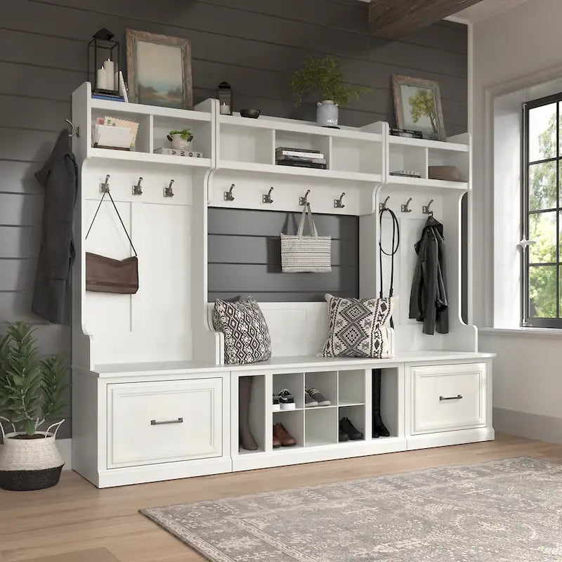 Ensemble complet de rangement d'entrée avec porte-manteau et banc à chaussures avec tiroirs