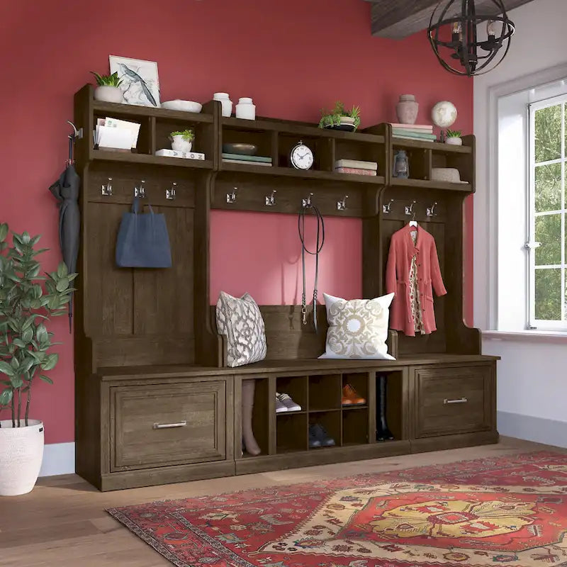 Ensemble complet de rangement d'entrée avec porte-manteau et banc à chaussures avec tiroirs