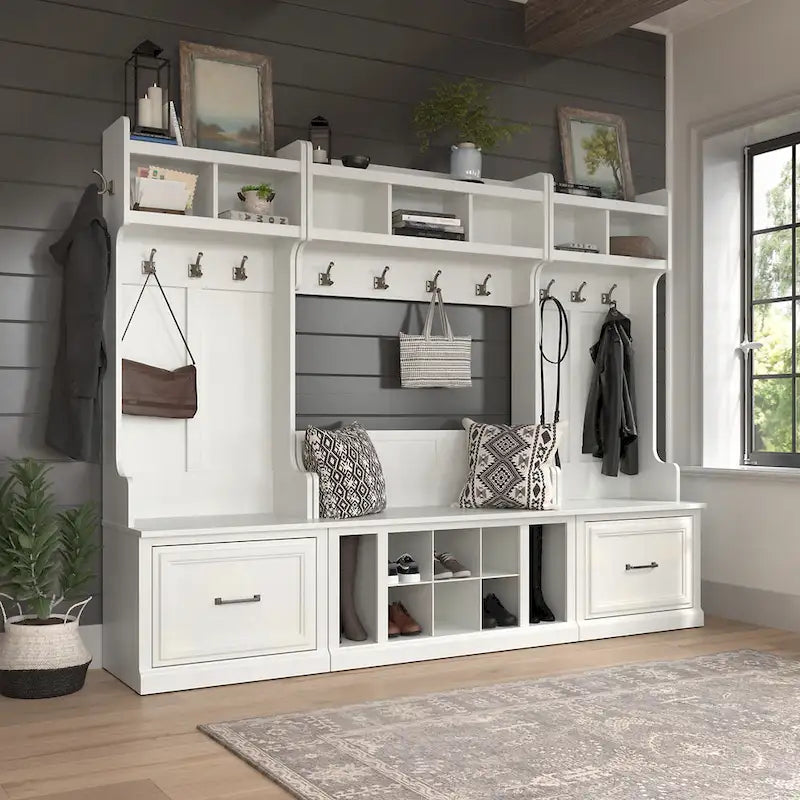 Ensemble complet de rangement d'entrée avec porte-manteau et banc à chaussures avec tiroirs