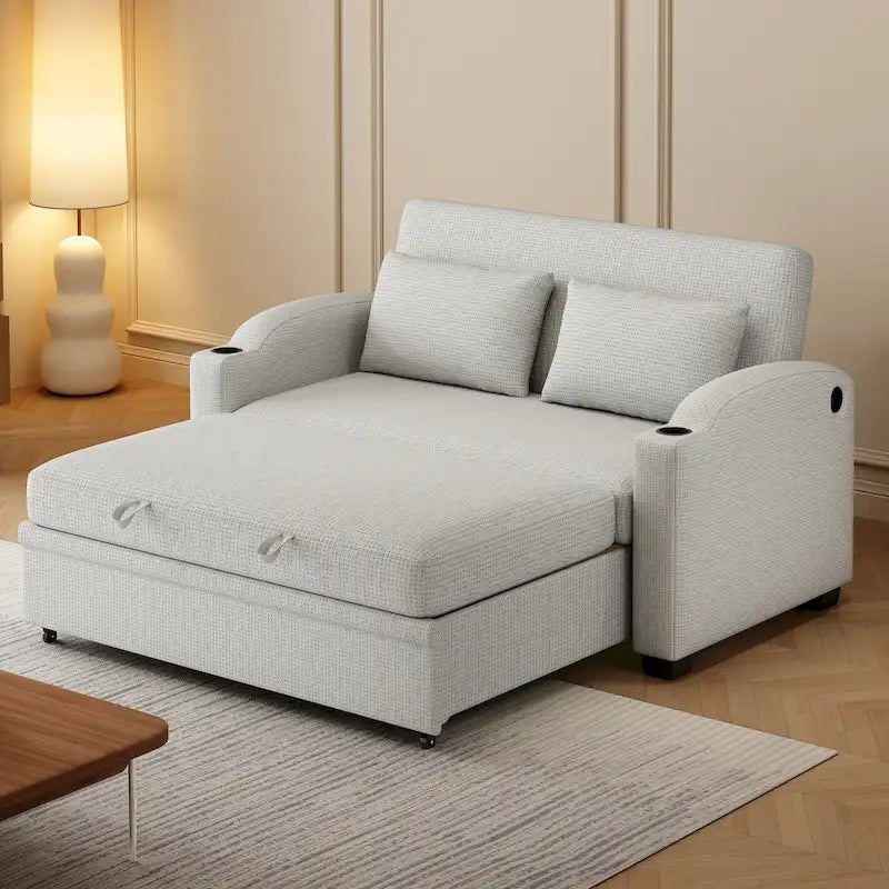 Canapé convertible 2 places en chenille avec dossier réglable, ports USB et porte-gobelets