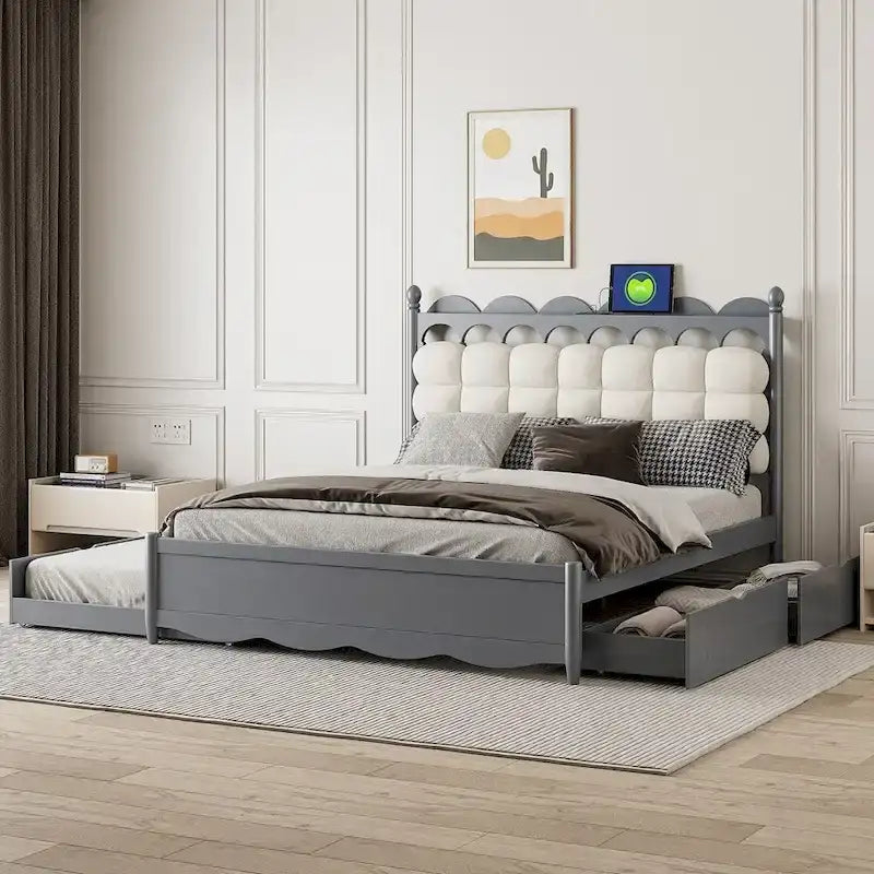 Lit Plateforme de Rangement en Bois avec 2 Grands Tiroirs et Lit Gigogne Jumeau XL