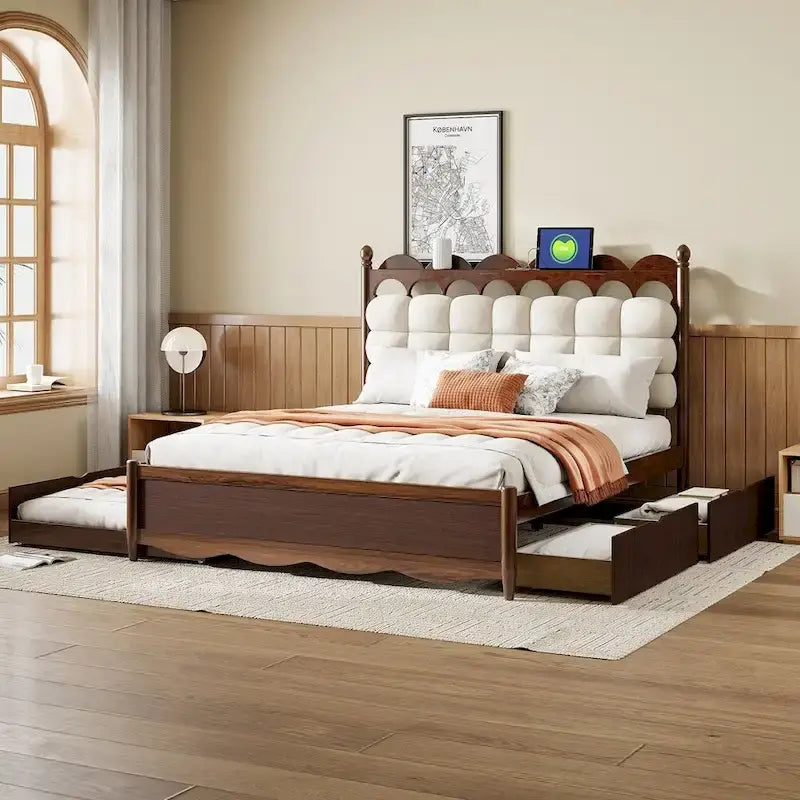 Lit Plateforme de Rangement en Bois avec 2 Grands Tiroirs et Lit Gigogne Jumeau XL