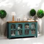 Élégant buffet antique européen à 4 portes avec verre trempé, étagères réglables, pieds en bois massif pour salon, salle à manger