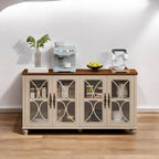Élégant buffet antique européen à 4 portes avec verre trempé, étagères réglables, pieds en bois massif pour salon, salle à manger