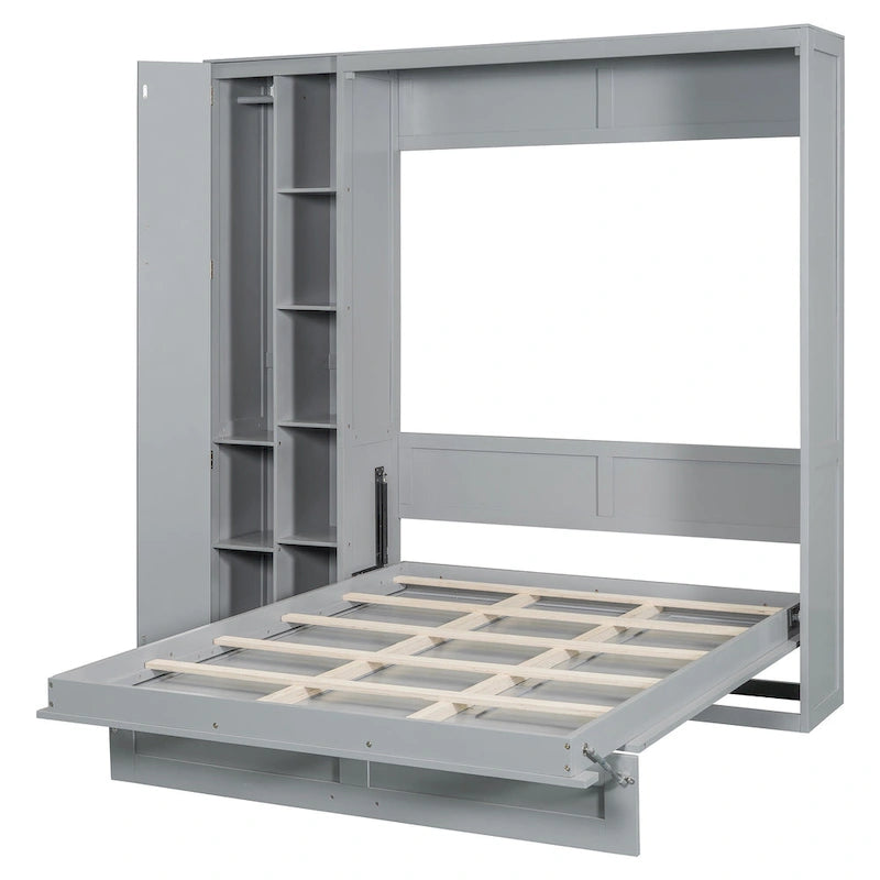Lit escamotable mural de taille double/grand format avec petite armoire et lumières LED, Lit escamotable pliable avec étagères de rangement