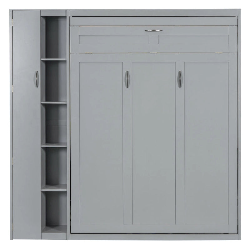 Lit escamotable mural de taille double/grand format avec petite armoire et lumières LED, Lit escamotable pliable avec étagères de rangement