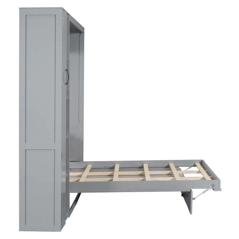 Lit escamotable mural de taille double/grand format avec petite armoire et lumières LED, Lit escamotable pliable avec étagères de rangement