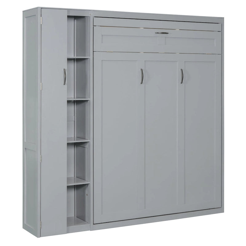 Lit escamotable mural de taille double/grand format avec petite armoire et lumières LED, Lit escamotable pliable avec étagères de rangement