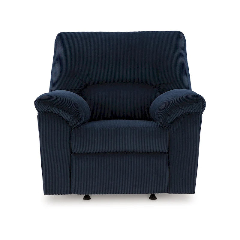 Fauteuil inclinable à bascule, accoudoirs rembourrés, velours côtelé bleu marine foncé