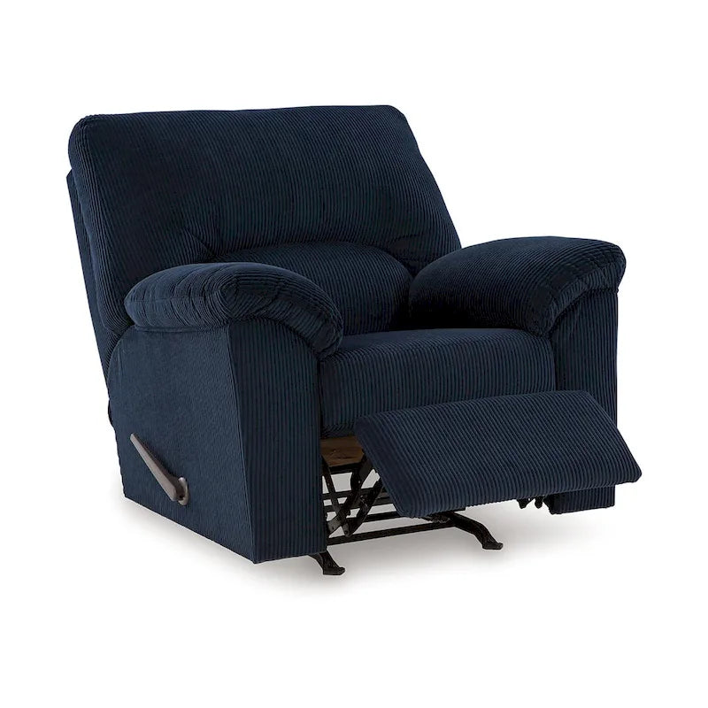 Fauteuil inclinable à bascule, accoudoirs rembourrés, velours côtelé bleu marine foncé