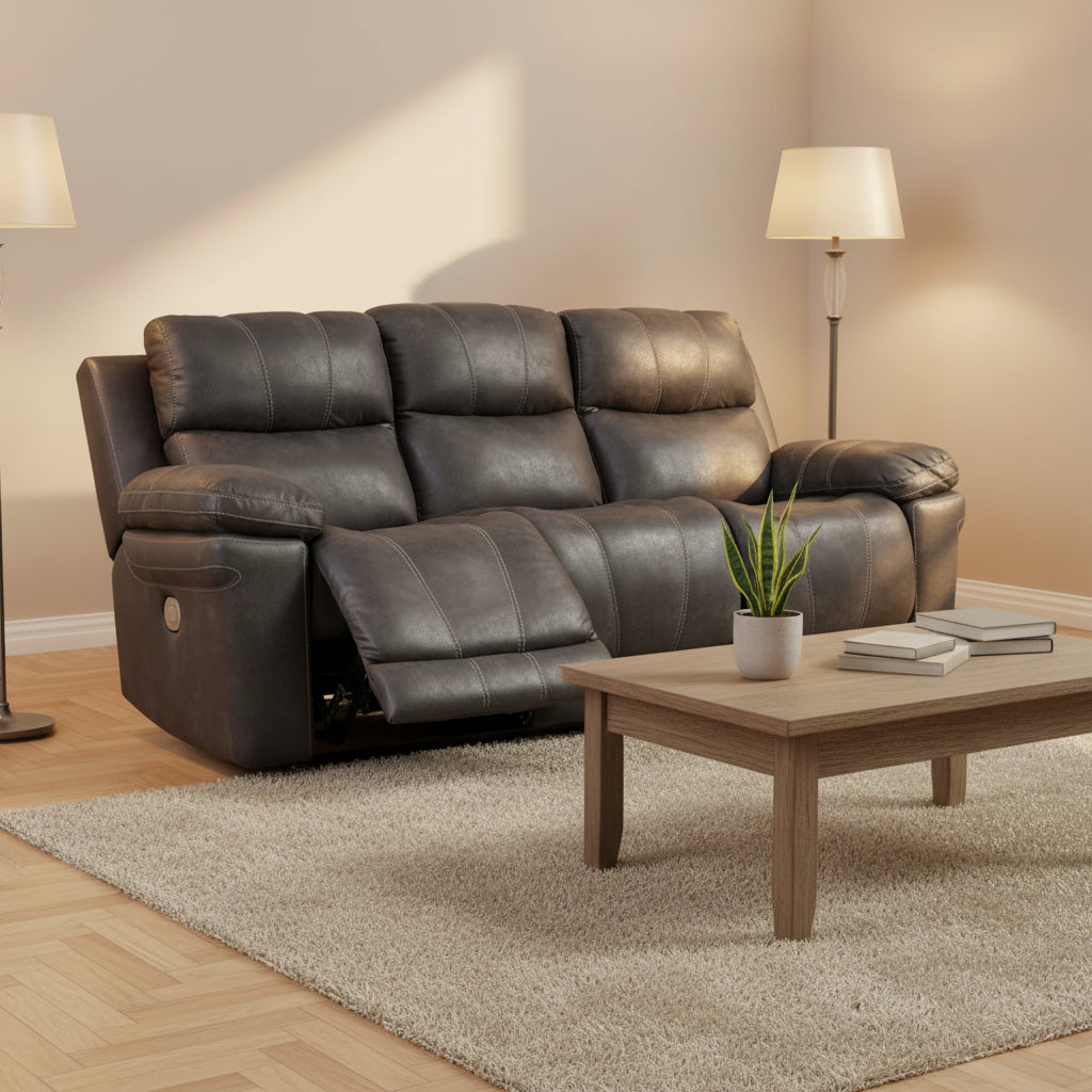 Ben Power Recliner Adjustable Headrest Sofa, 89 Inch Gray Faux Leather