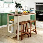 Ensemble îlot de cuisine rustique 3 pièces en bois massif Table de boucher stationnaire de 45 pouces avec deux tabourets et deux étagères ouvertes.