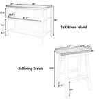 Ensemble îlot de cuisine rustique 3 pièces en bois massif Table de boucher stationnaire de 45 pouces avec deux tabourets et deux étagères ouvertes.