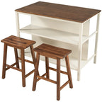 Ensemble îlot de cuisine rustique 3 pièces en bois massif Table de boucher stationnaire de 45 pouces avec deux tabourets et deux étagères ouvertes.