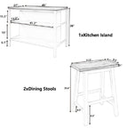 Ensemble îlot de cuisine rustique 3 pièces en bois massif Table de boucher stationnaire de 45 pouces avec deux tabourets et deux étagères ouvertes.