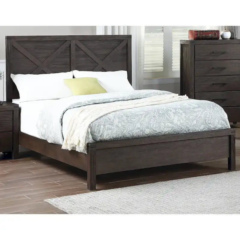 Lit grand format 1 place contemporain rustique en bois expresso, tête de lit motif X, mobilier de chambre au look unique
