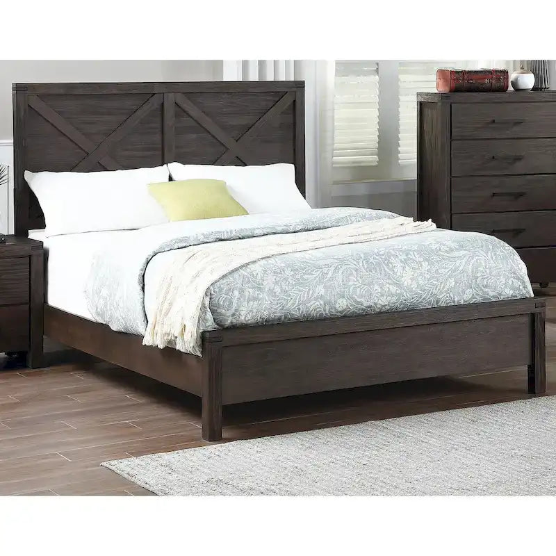 Lit grand format 1 place contemporain rustique en bois expresso, tête de lit motif X, mobilier de chambre au look unique