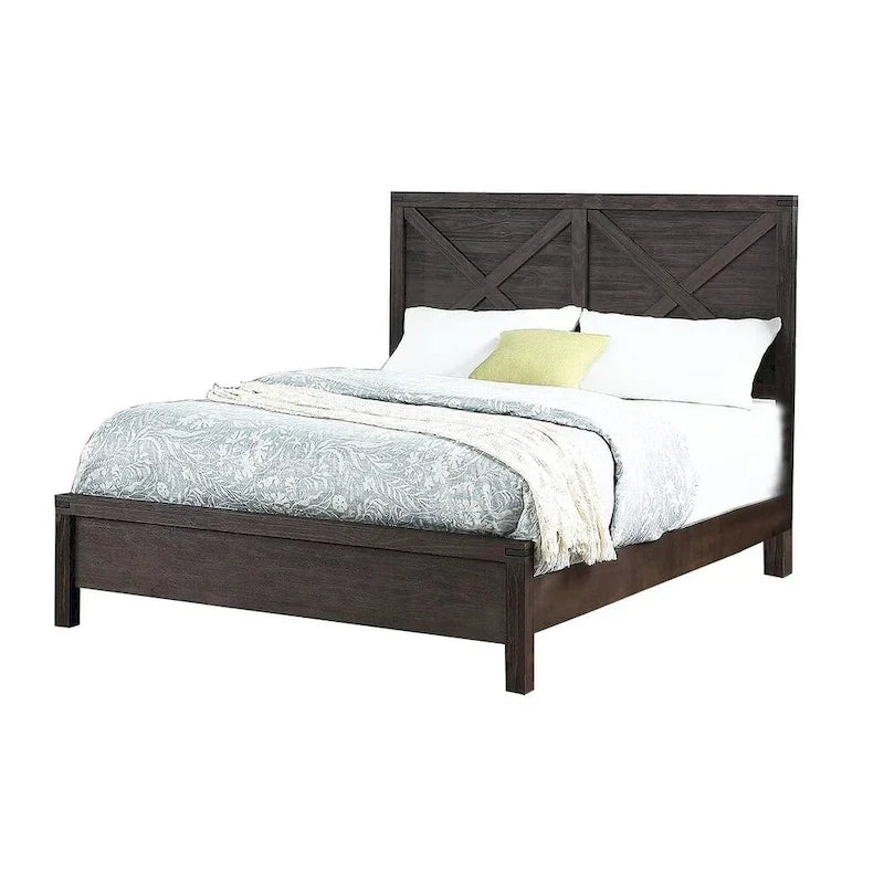 Lit grand format 1 place contemporain rustique en bois expresso, tête de lit motif X, mobilier de chambre au look unique