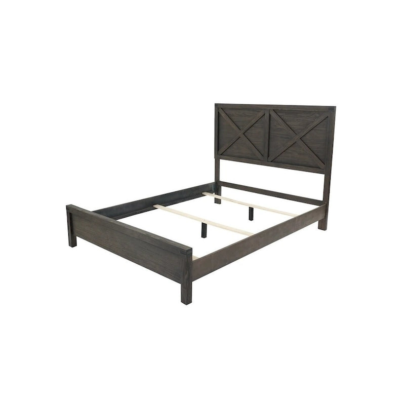 Lit grand format 1 place contemporain rustique en bois expresso, tête de lit motif X, mobilier de chambre au look unique