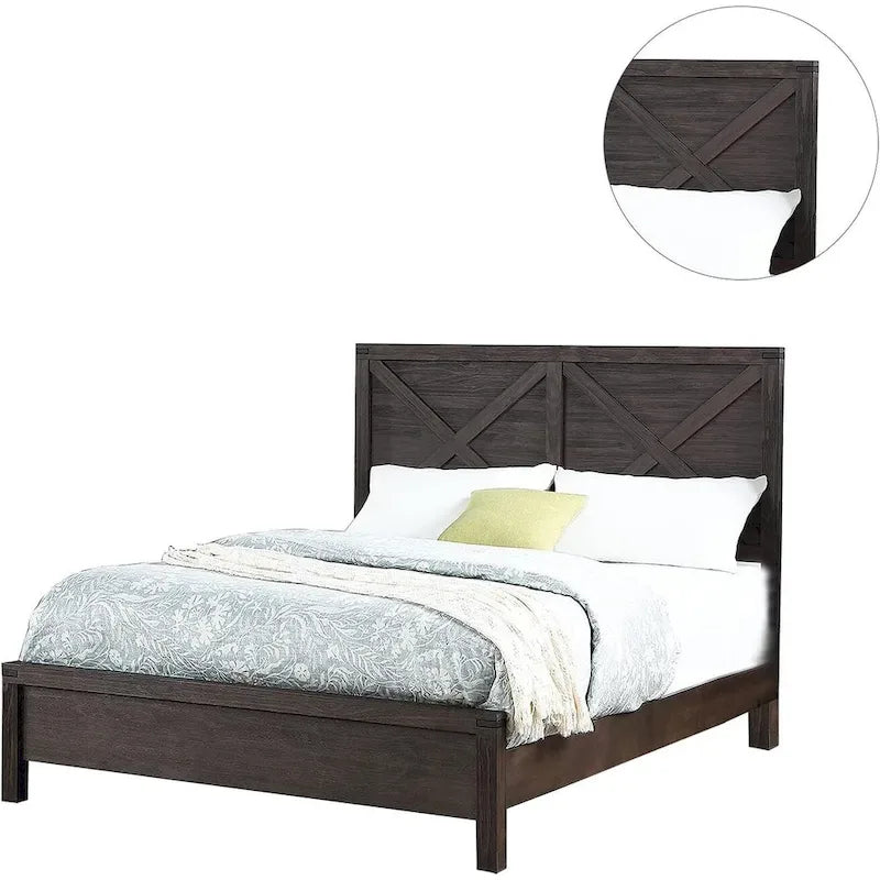 Lit grand format 1 place contemporain rustique en bois expresso, tête de lit motif X, mobilier de chambre au look unique