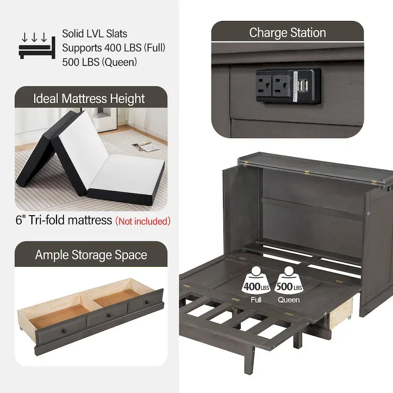 Lit Escamotable Cube en Pin Massif avec Station de Charge et Grand Tiroir de Rangement