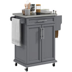 Îlot de cuisine sur roulettes, chariot de cuisine roulant avec comptoir en acier inoxydable, tiroir, porte-serviettes et porte-épices