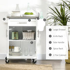 Îlot de cuisine sur roulettes, chariot de cuisine roulant avec comptoir en acier inoxydable, tiroir, porte-serviettes et porte-épices