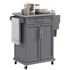 Îlot de cuisine sur roulettes, chariot de cuisine roulant avec comptoir en acier inoxydable, tiroir, porte-serviettes et porte-épices