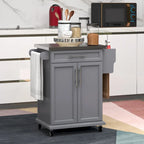 Îlot de cuisine sur roulettes, chariot de cuisine roulant avec comptoir en acier inoxydable, tiroir, porte-serviettes et porte-épices