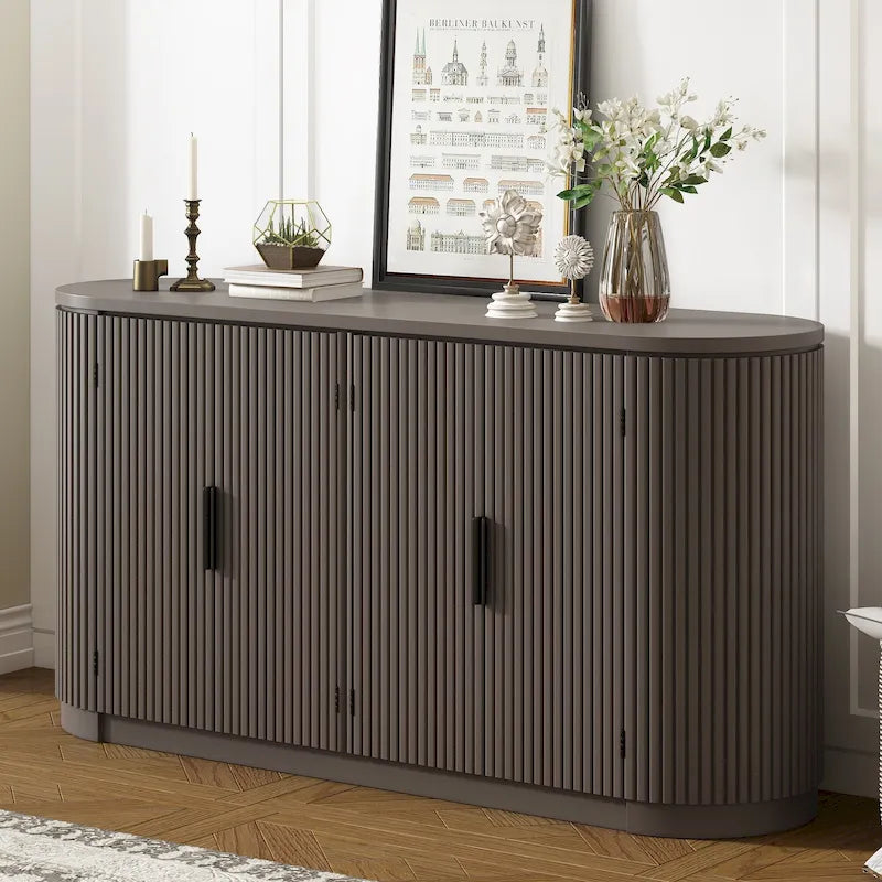 Meuble d'appoint avec 4 portes à rayures verticales et poignées métalliques, Buffet de rangement d'entrée avec étagères réglables