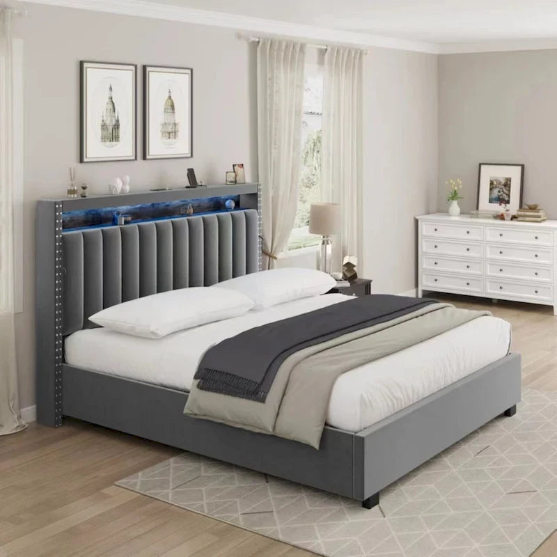Lit de rangement de luxe avec vérin à gaz et lumières LED